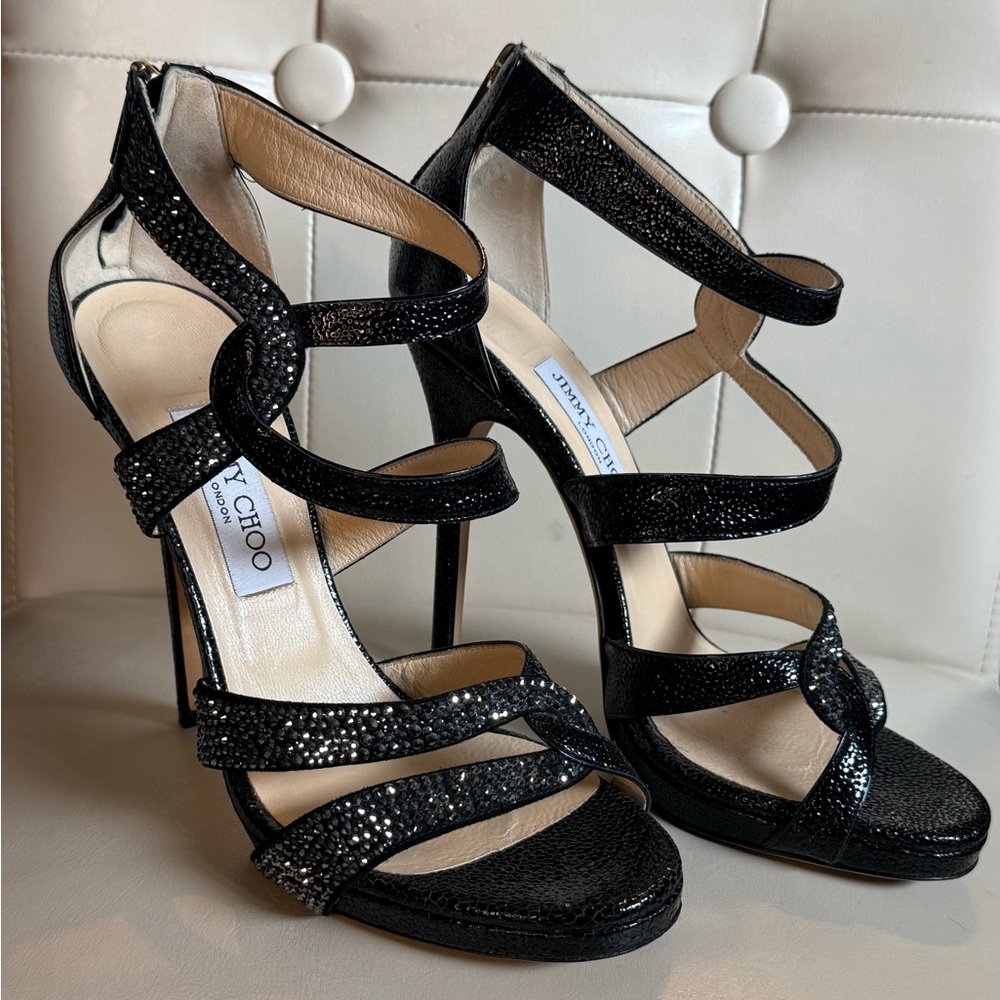 Jimmy Choo Black Crystal Strappy Stiletto Sandals - Picture 2 of 9